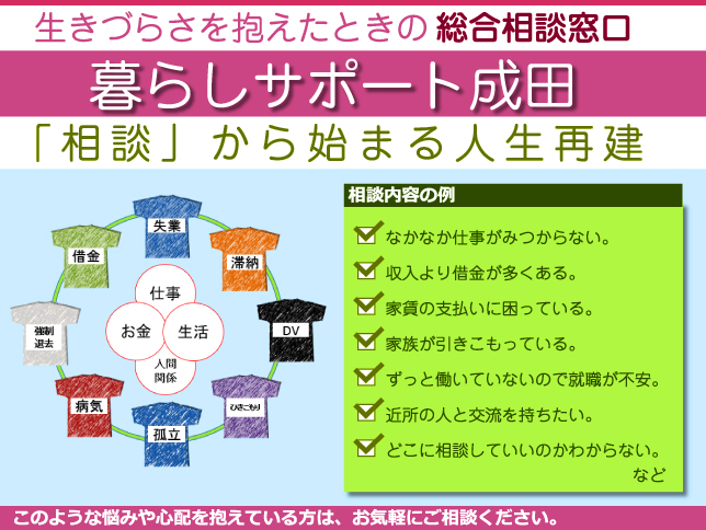 生きづらさを抱えたときの総合相談窓口 生活困窮者自立支援事業　暮らしサポート成田 「相談」から始まる人生再建